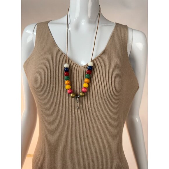 Colorful Wooden Bead Necklace With Brass Accents & Arrow Pendant On Leather Cord - Picture 11 of 16